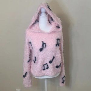 Hot topic size s pink and black fuzzy music note patterned print hoodie sweater